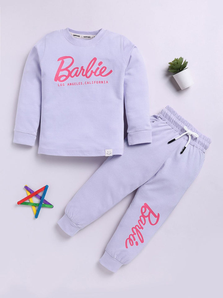 Happy Faces Girls Pure Cotton Barbie Printed T-shirt with Joggers