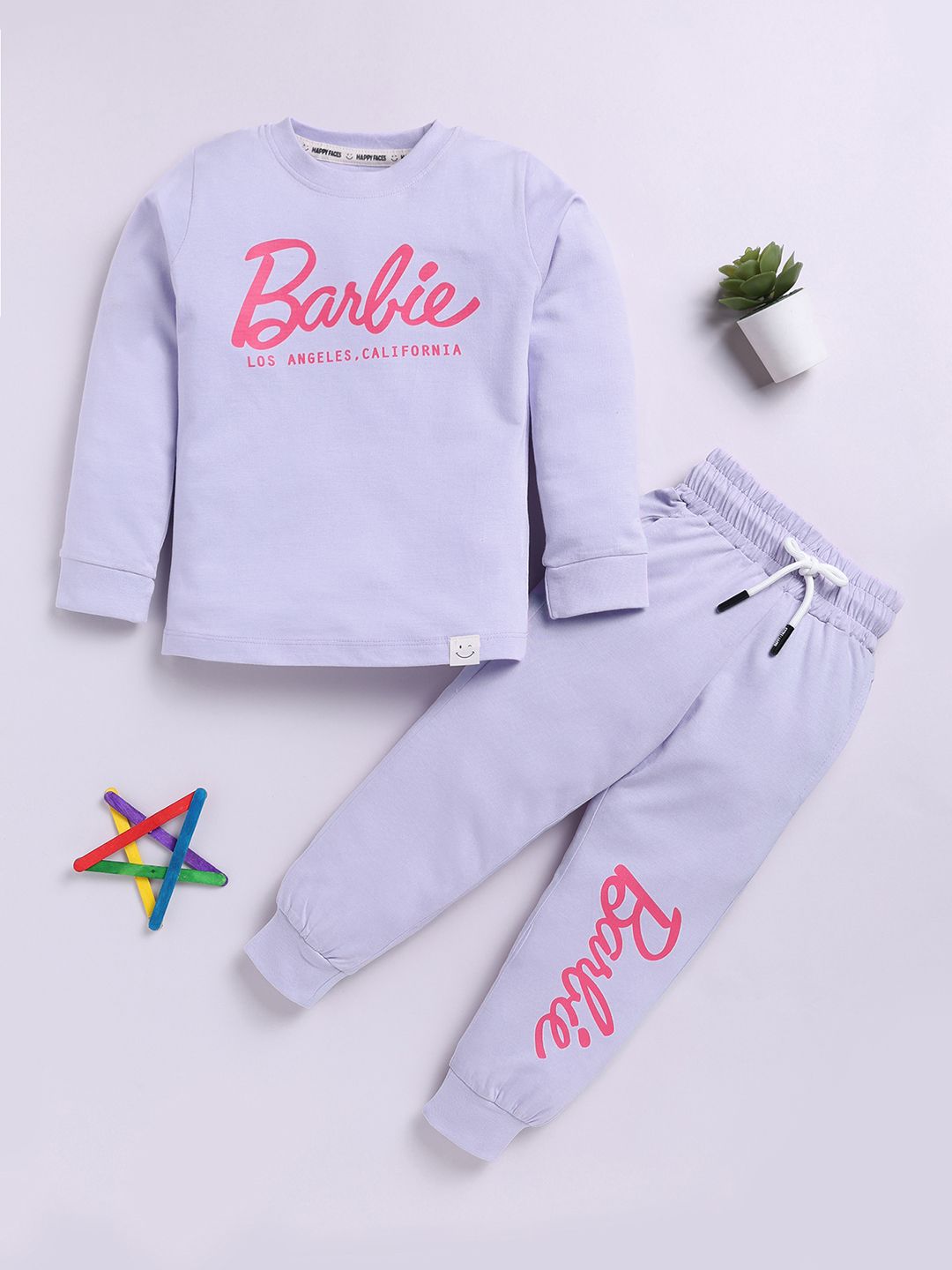 Happy Faces Girls Pure Cotton Barbie Printed T-shirt with Joggers