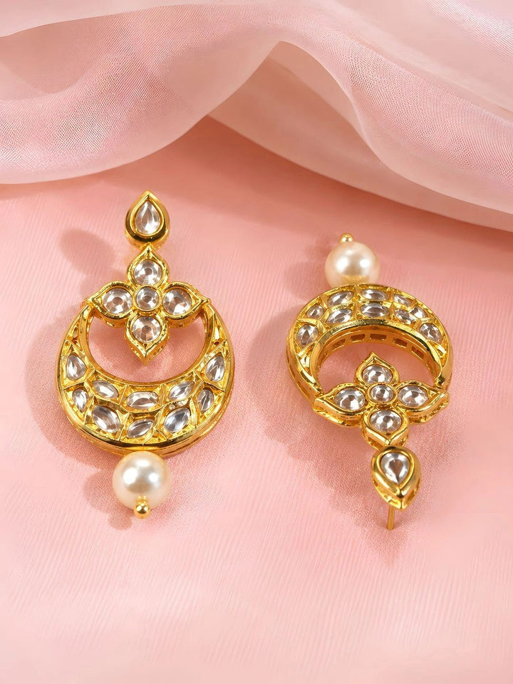 Gold-Toned Floral Crescent Kundan Studded Statement Pearl Drop Earrings