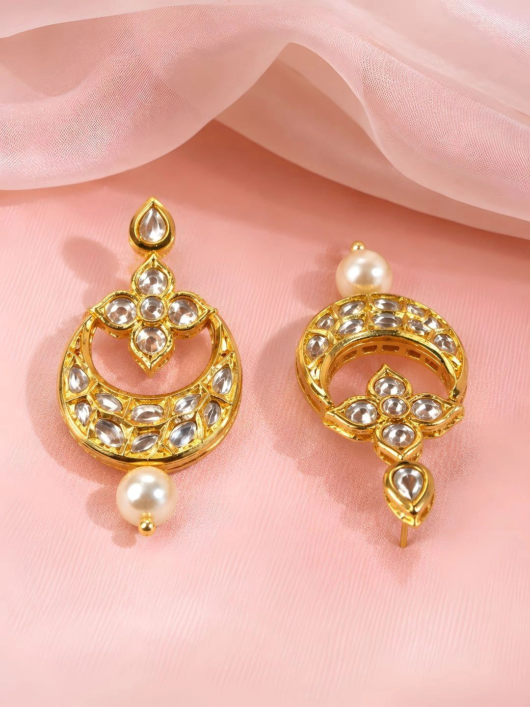 Gold-Toned Floral Crescent Kundan Studded Statement Pearl Drop Earrings
