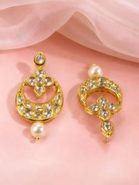 Gold-Toned Floral Crescent Kundan Studded Statement Pearl Drop Earrings