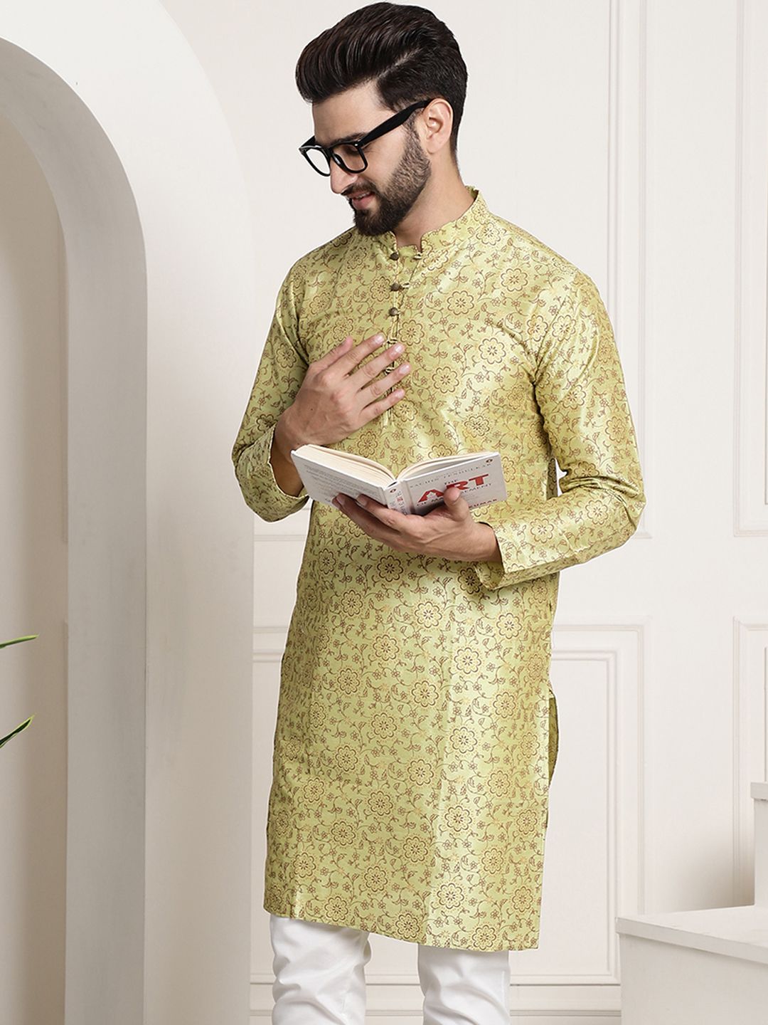 SOJANYA Men Green & Brown Ethnic Motifs Printed Kurta