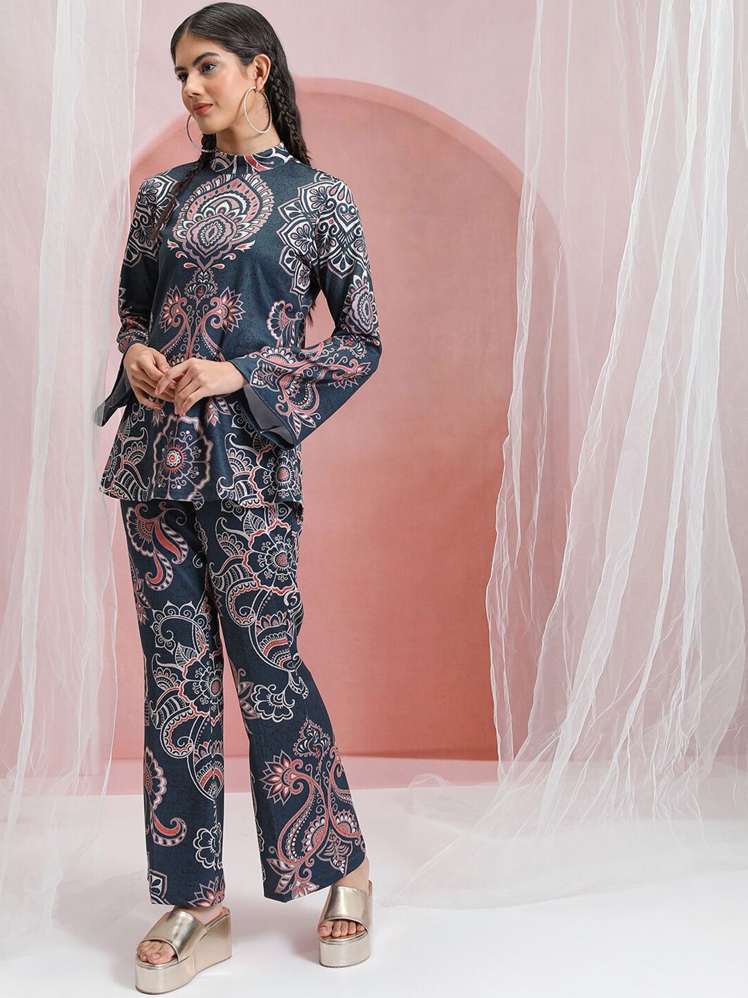 Vishudh Blue Printed High Neck Tunic With Flared Trouser
