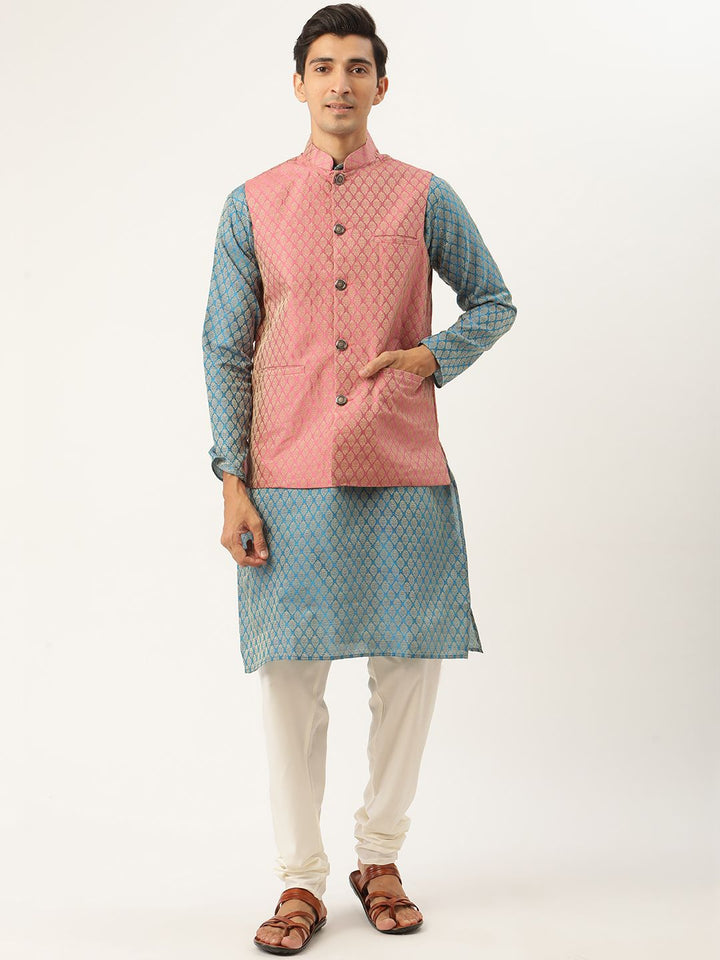 SOJANYA Kurta Motif Etnik Biru Lelaki dengan Jaket Churidar & Nehru