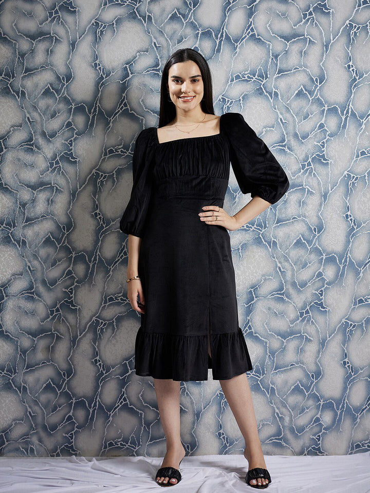 Athena Black Square Neck Puff Sleeves Gathered Detailed Midi Sheath Dress