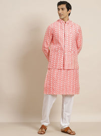 SOJANYA Set Kurta Sulam Bunga Coral Pink & Putih Bunga & Jaket Nehru