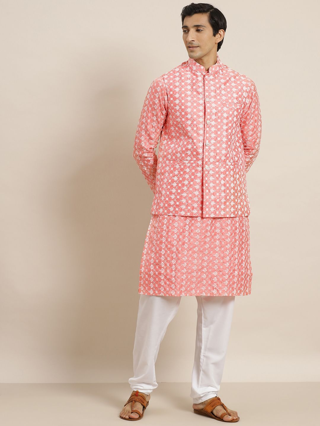 SOJANYA Set Kurta Sulam Bunga Coral Pink & Putih Bunga & Jaket Nehru