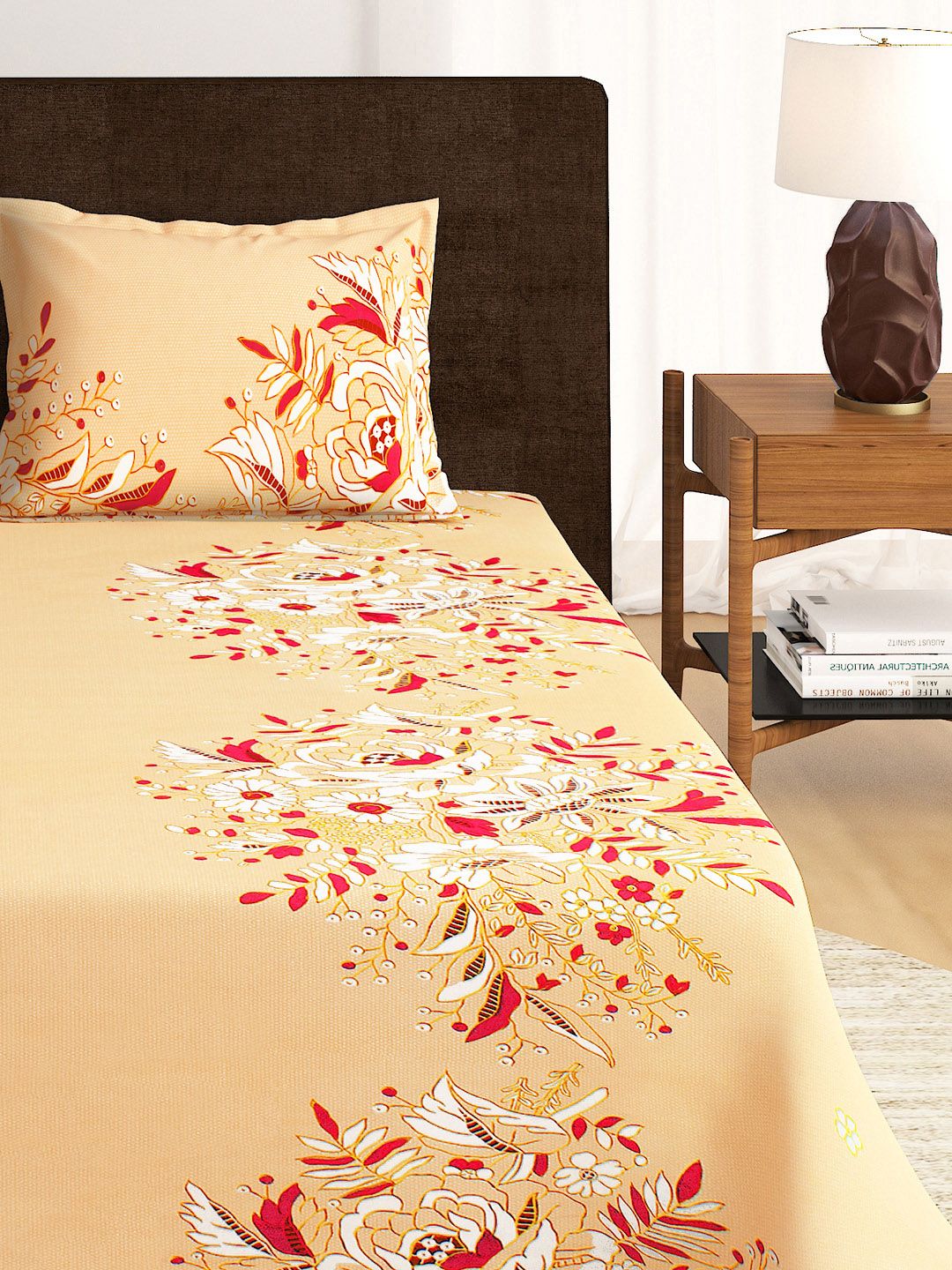 Story@home Orange Red Floral 210 TC King Bedsheet with 2 Pillow Covers