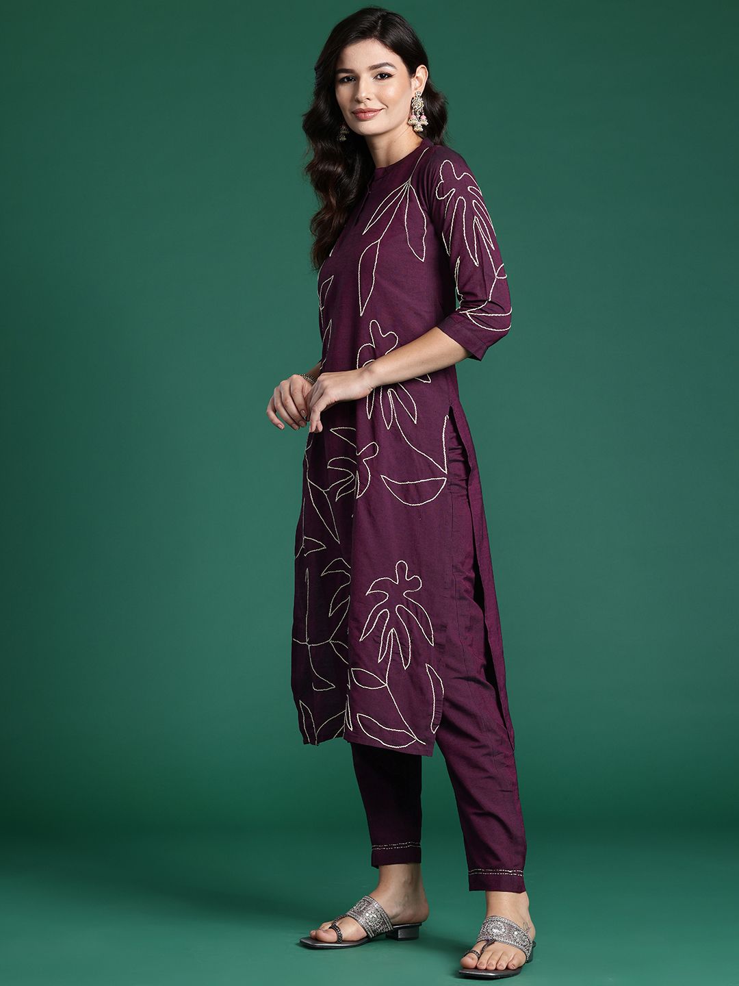 Indo Era Floral Embroidered Thread Work Pure Cotton Kurta with Trousers