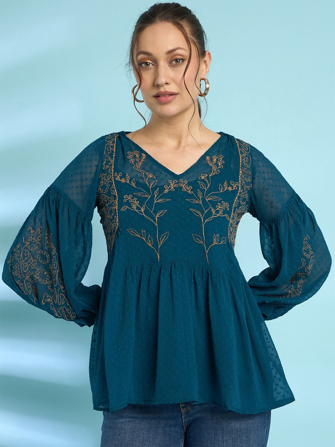 Antheaa Embroidered Bell Sleeve Chiffon Top