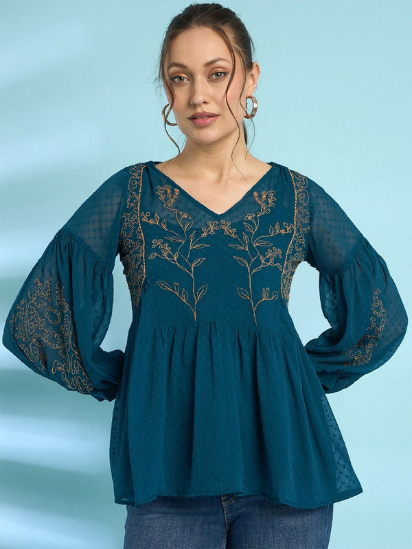 Antheaa Floral Embellished Dobby Weave V-Neck Empire Top with Pleated Detail