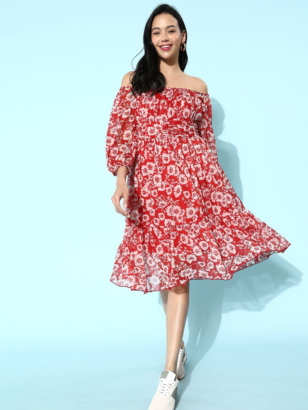 Antheaa Women Gorgeous Red Floral Cinched Waist Dress