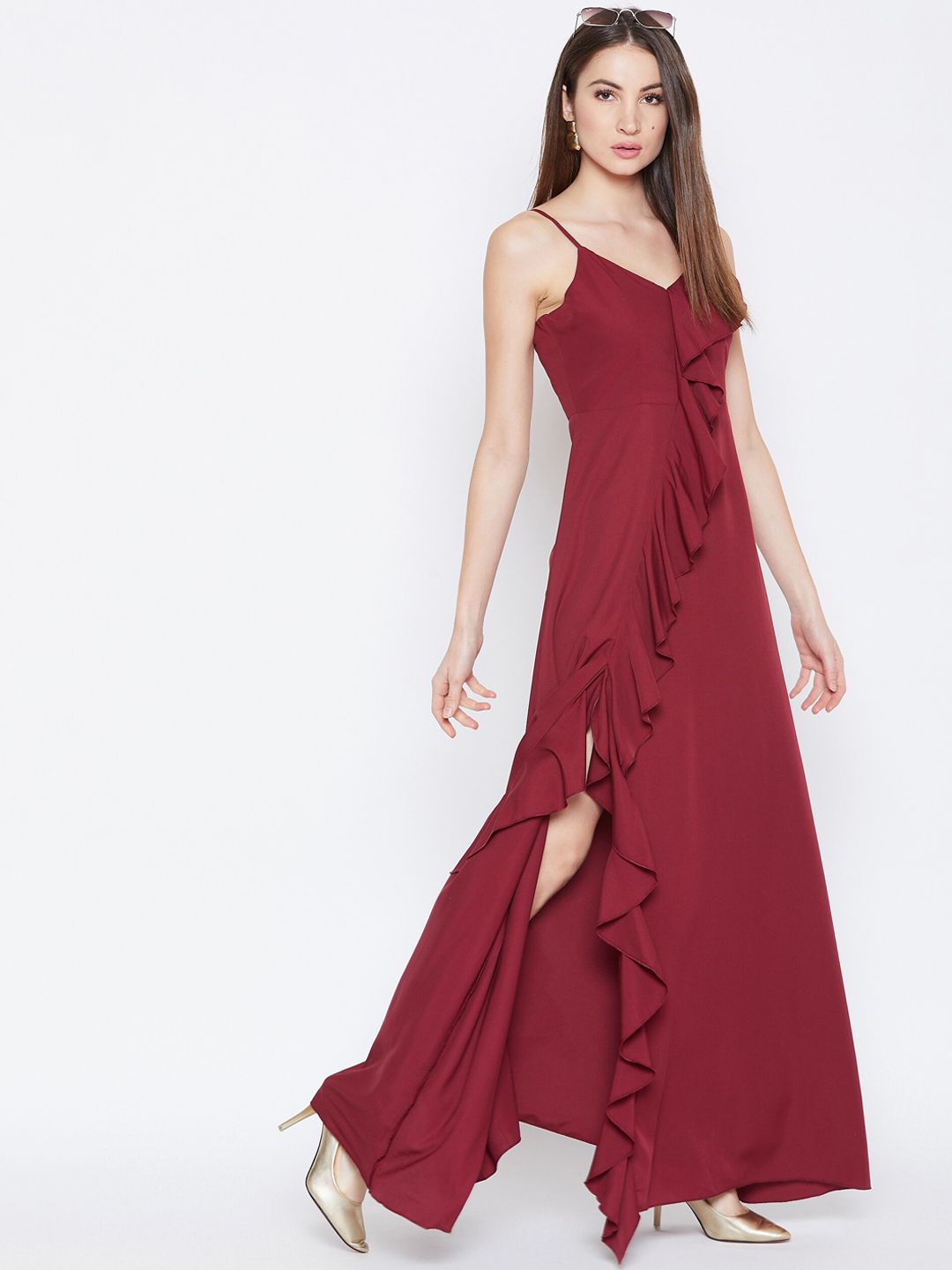 Berrylush Women Maroon Solid Ruffled Maxi Dress