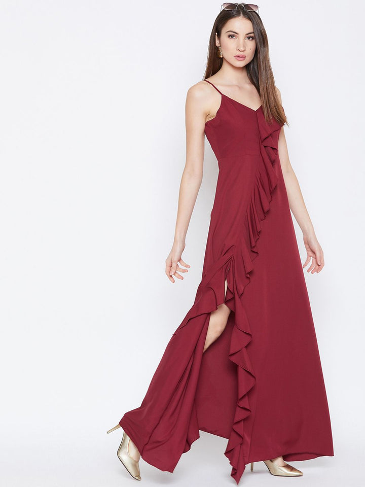 Berrylush Women Maroon Solid Ruffled Maxi Dress
