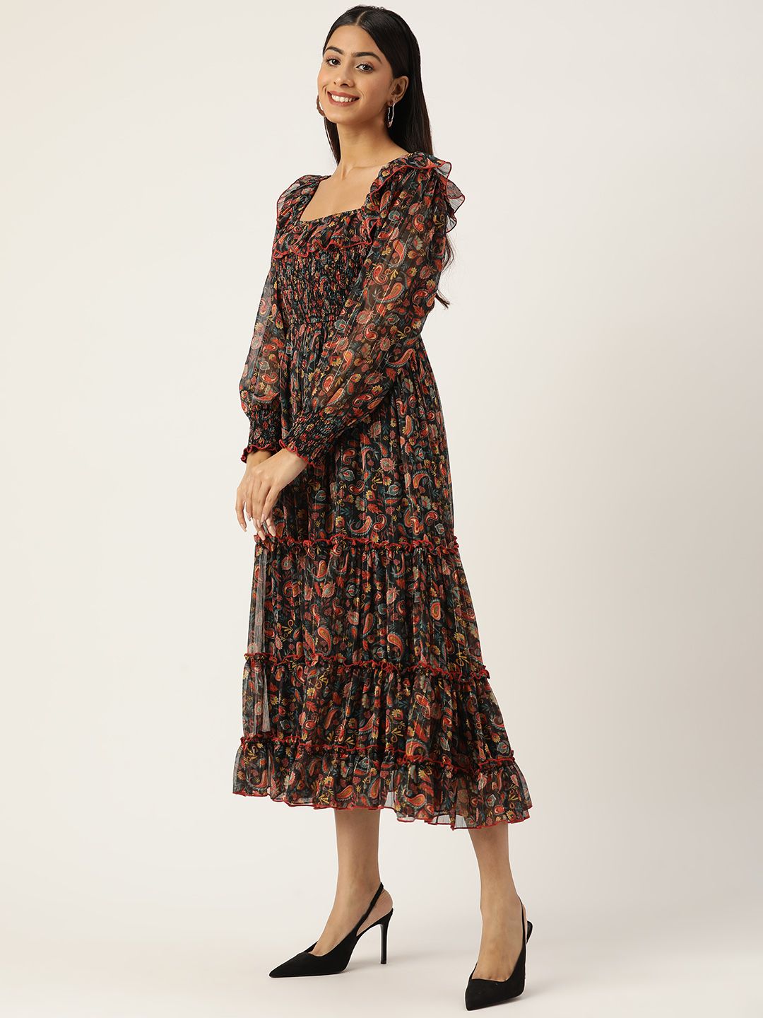 Antheaa Woman Floral Smocked Tiered Dress