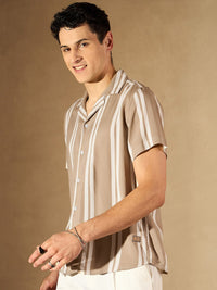 DENNISON Vertical Striped Printed Cuban Collar Smart Casual Shirt