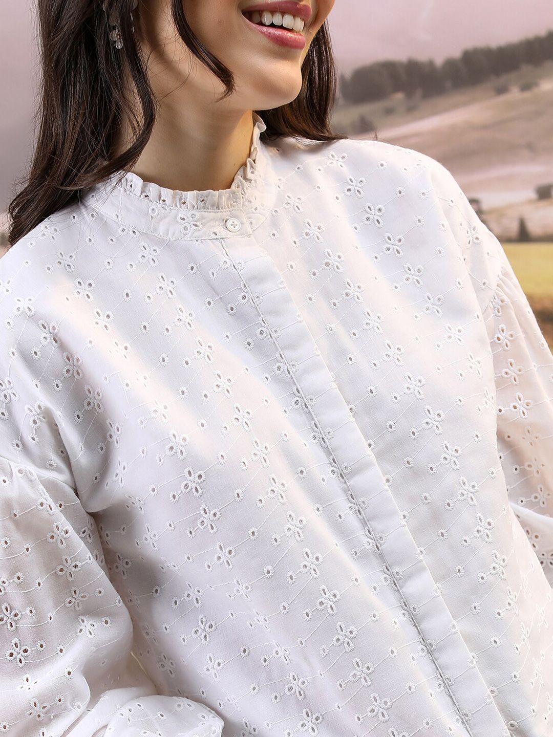 Tokyo Talkies White Self Design Schiffli Band Collar Cuffed Sleeves Shirt Style Top
