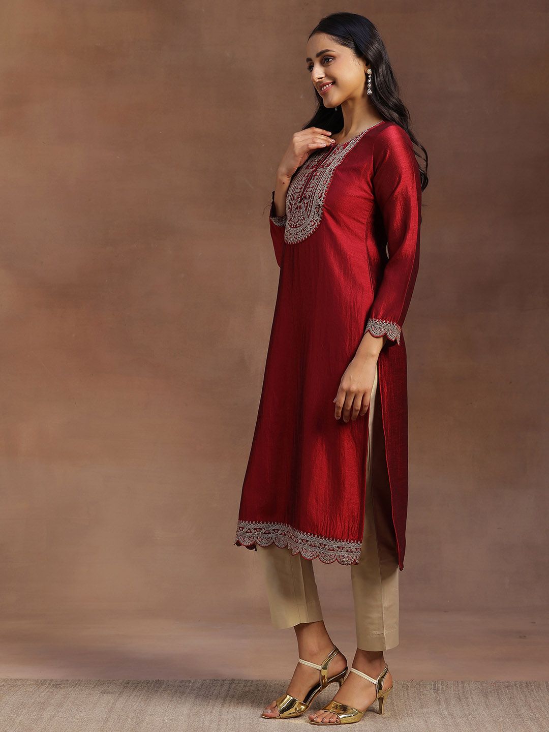 Libas Women Maroon Yoke Design Embellished Kurta