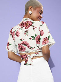 Berrylush Women White Floral Cropped Top