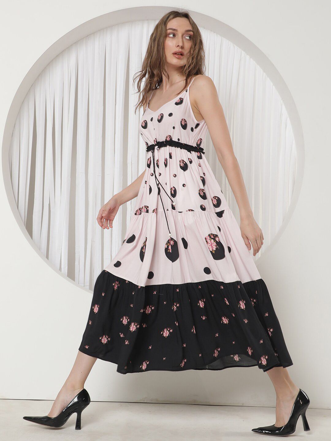 RAREISM Floral Printed Tie-Up Detail Fit & Flare Midi Dress