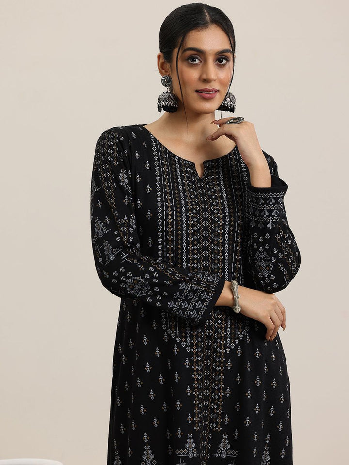Libas Black Ethnic Motifs Woven Design Notch Neck Straight Kurta with Trousers & Dupatta