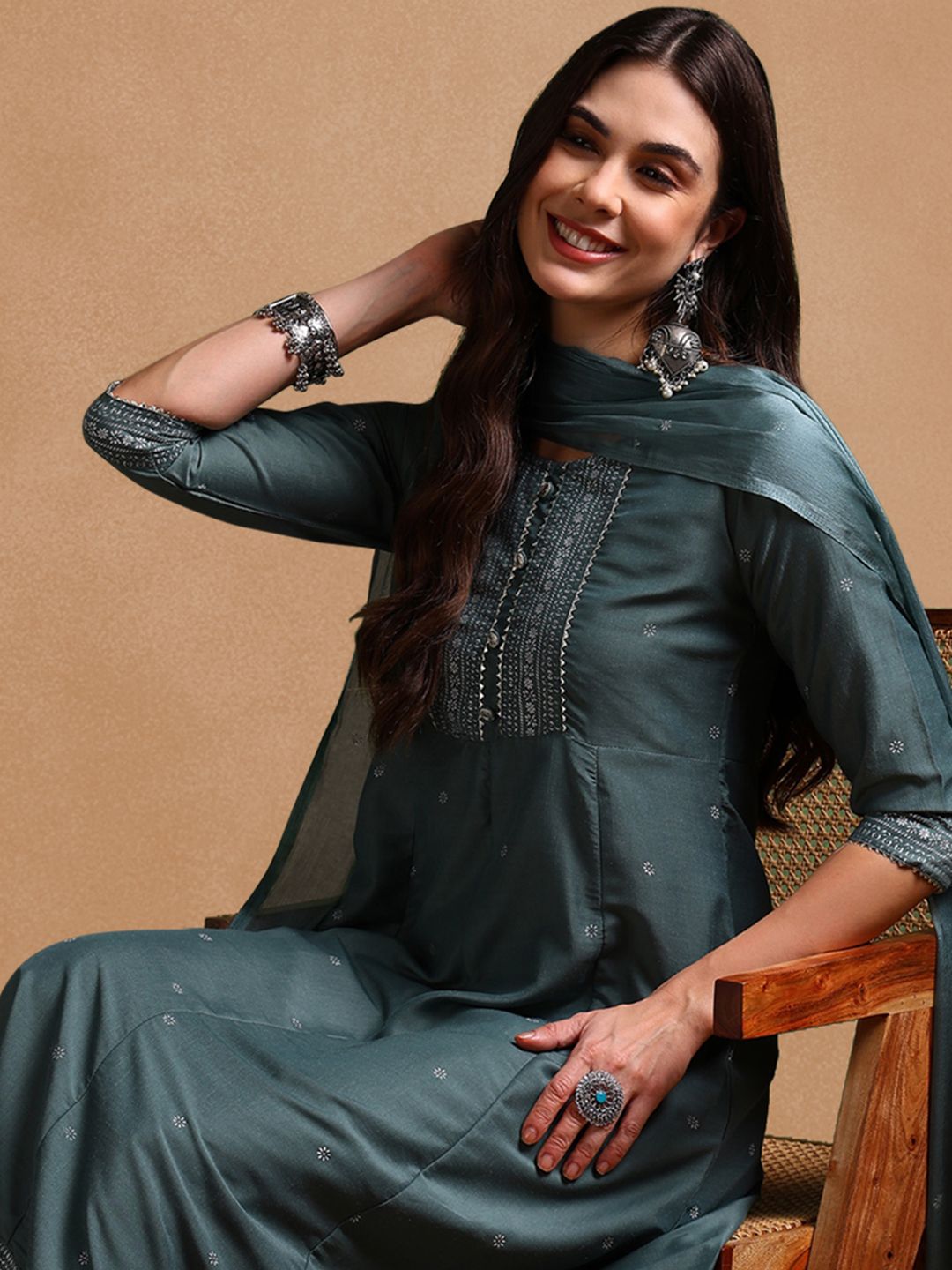 KALINI Ethnic Motifs Printed Round Neck Gotta Patti Empire Kurta With Trouser & Dupatta