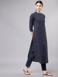 Vishudh Women Navy Blue & Off-White Striped Kurta with Palazzos