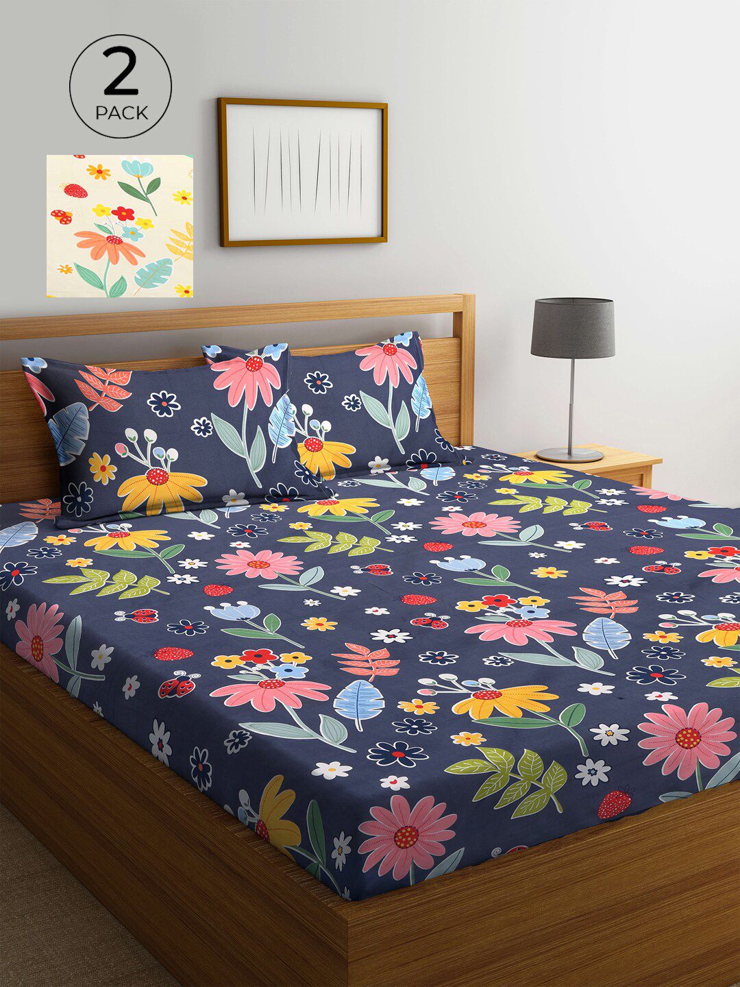 KLOTTHE Navy Blue Floral Cotton 300 TC King Fine 2 Cadar dengan 4 Sarung Bantal-98 x 87 inci
