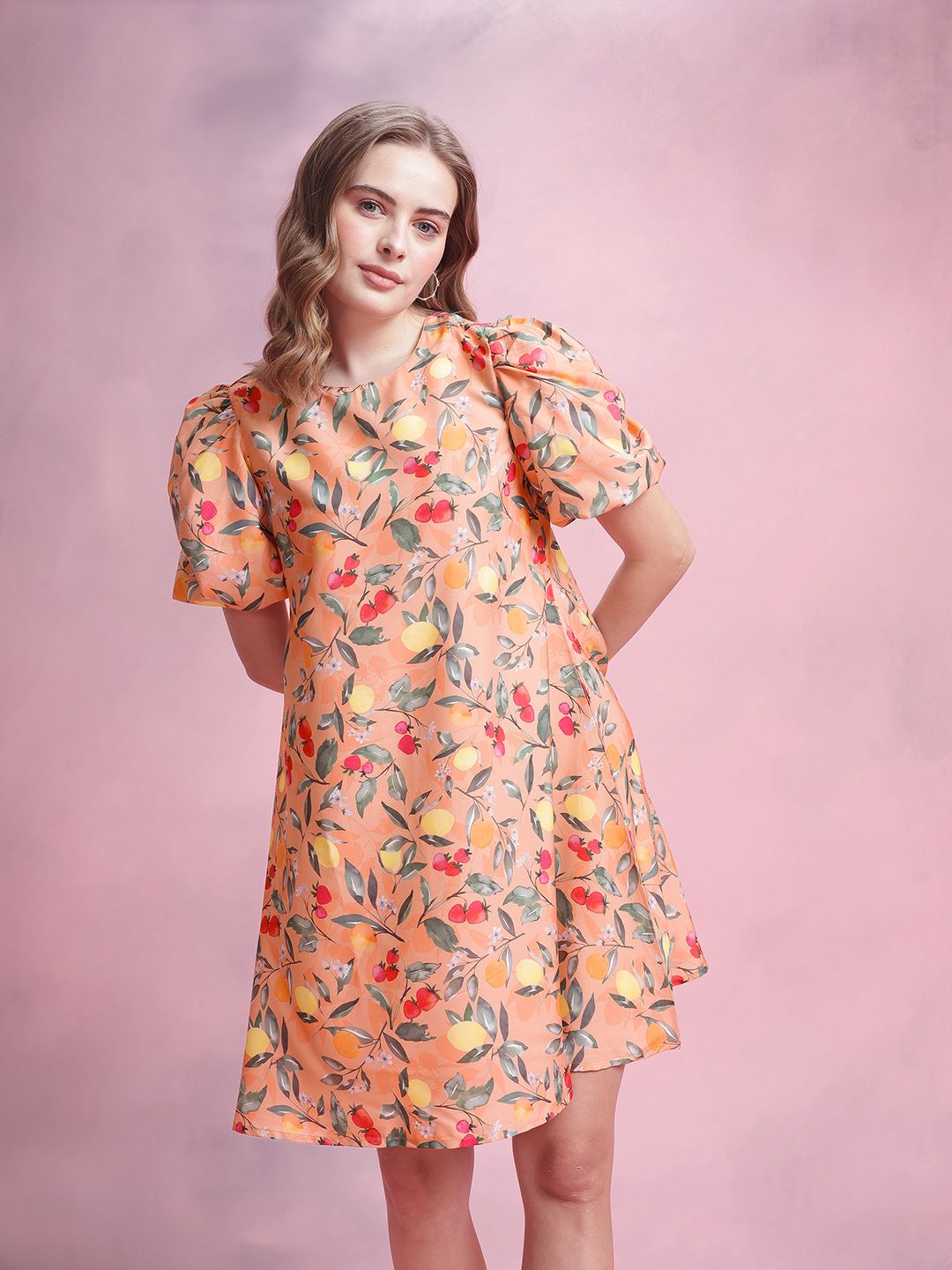 DressBerry Tropical Print Puff Sleeve A-Line Mini Dress