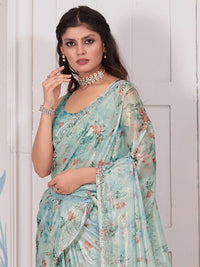 Saree mall Floral Printed Beads & Stones Organza Saree