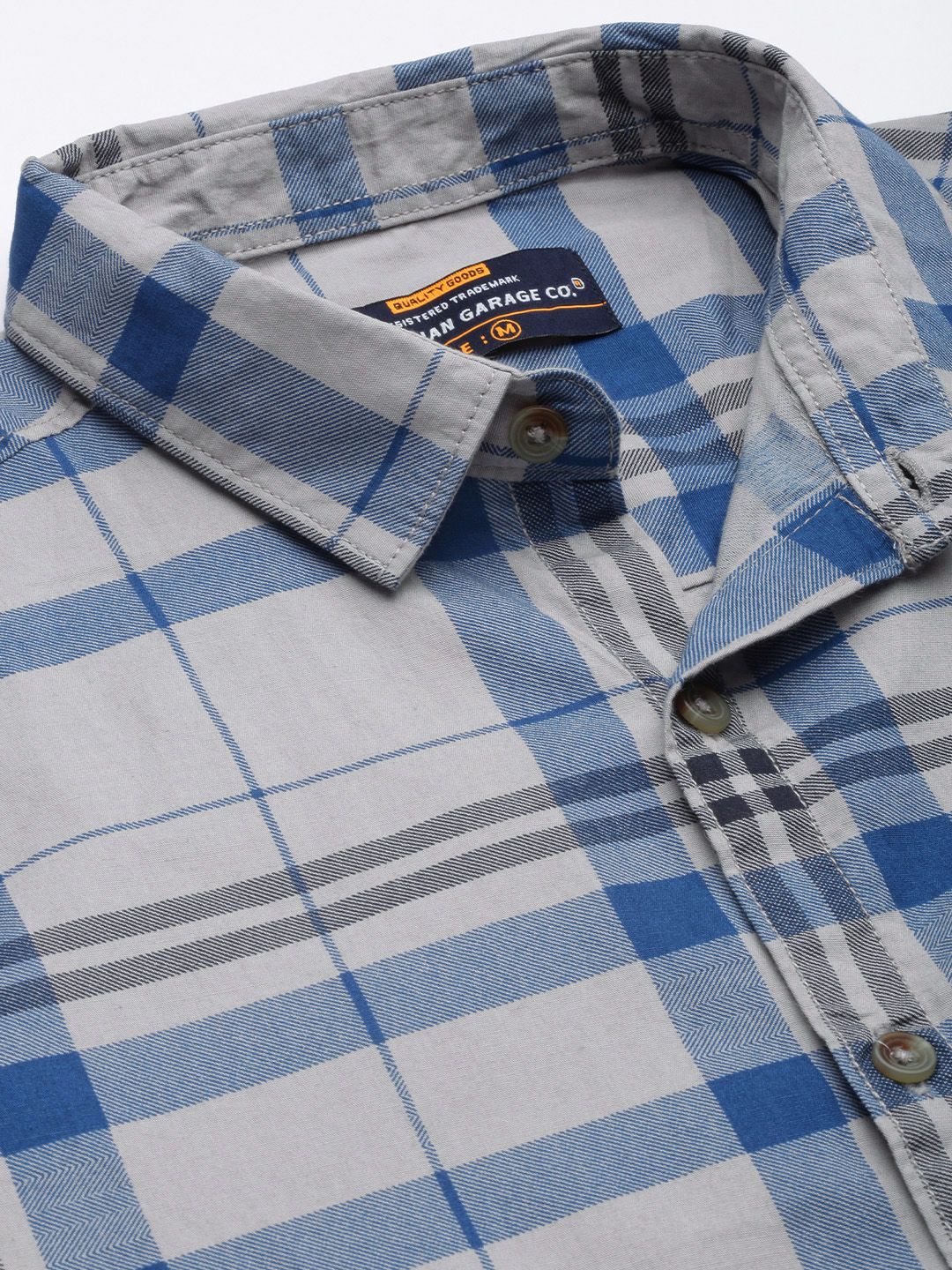 The Indian Garage Co Men Grey & Blue Checked Pure Cotton Twill Weave Casual Shirt