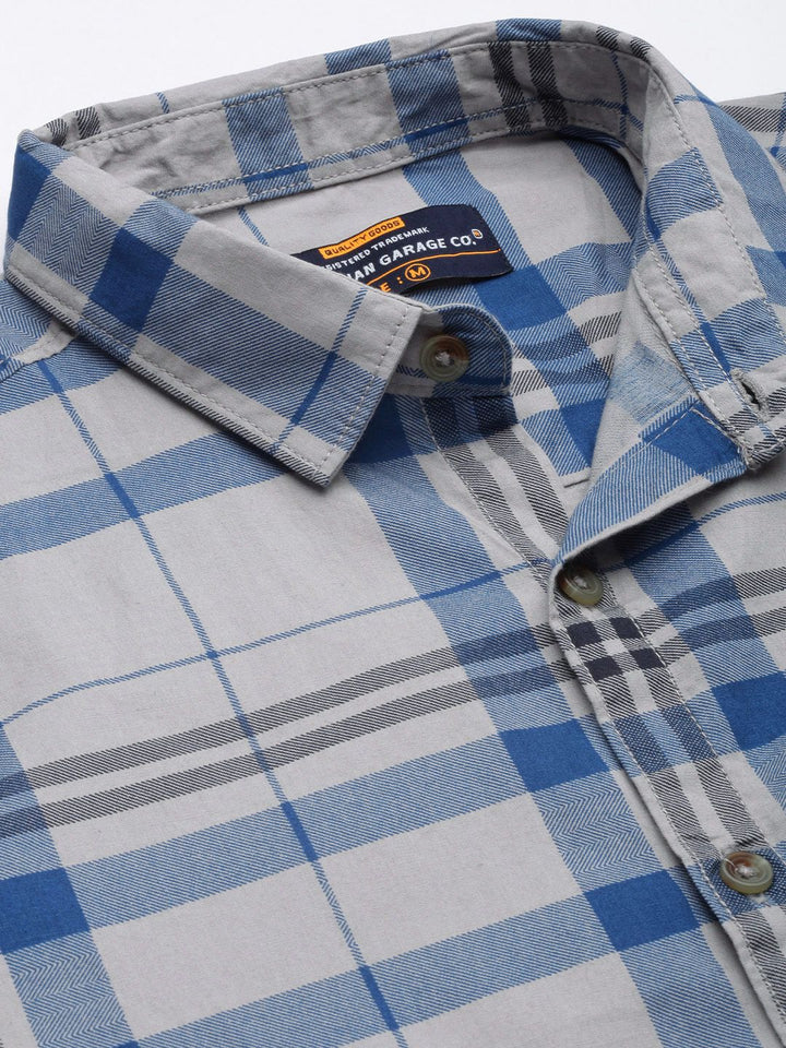 The Indian Garage Co Men Grey & Blue Checked Pure Cotton Twill Weave Casual Shirt