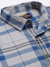The Indian Garage Co Men Grey & Blue Checked Pure Cotton Twill Weave Casual Shirt