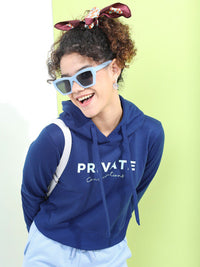 Tokyo Talkies Women Navy Blue Printed Hooded Sweatshirt