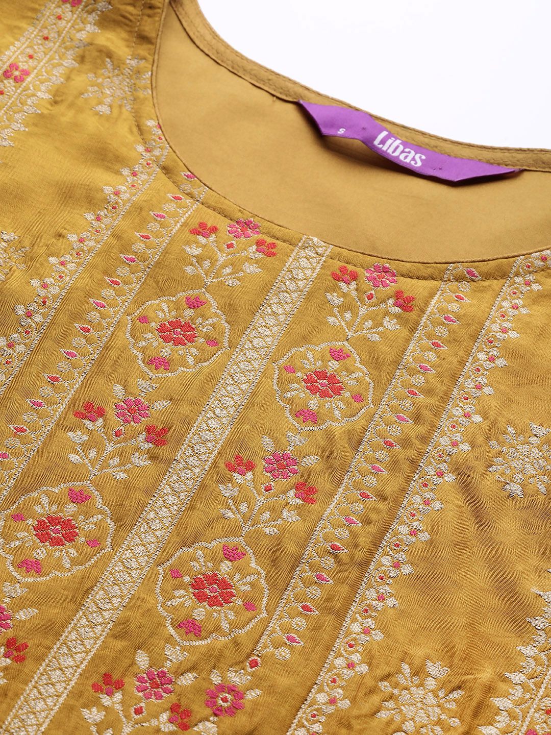 Libas Women Mustard Yellow & Gold Zari Woven Design Straight Kurta Trousers & With Dupatta