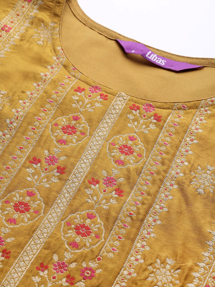 Libas Women Mustard Yellow & Gold Zari Woven Design Straight Kurta Trousers & With Dupatta