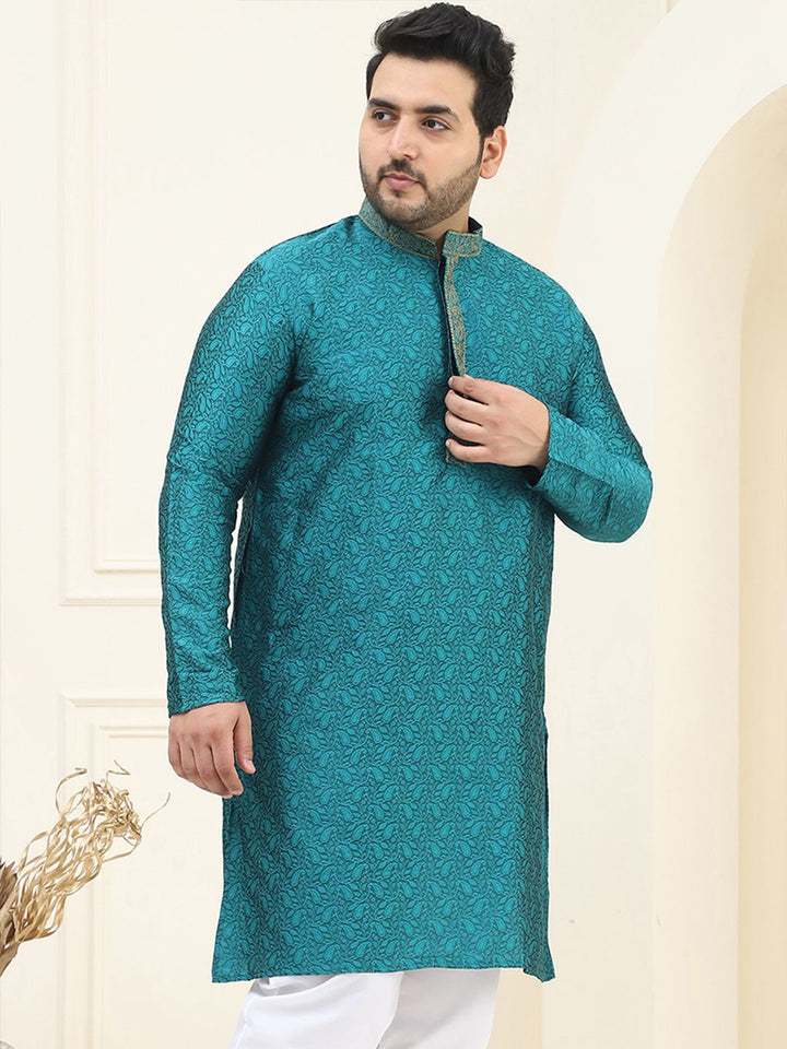SOJANYA PLUS Men Teal Green Ethnic Motifs Embroidered Thread Work Kurta