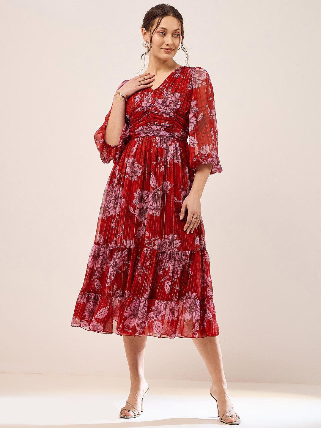 Antheaa Red Floral Printed Puff Sleeves Gathered Tiered Fit & Flare Midi Dress