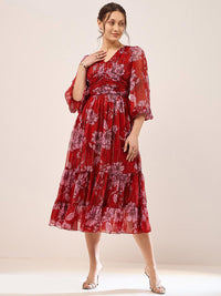Antheaa Red Floral Printed Puff Sleeves Gathered Tiered Fit & Flare Midi Dress