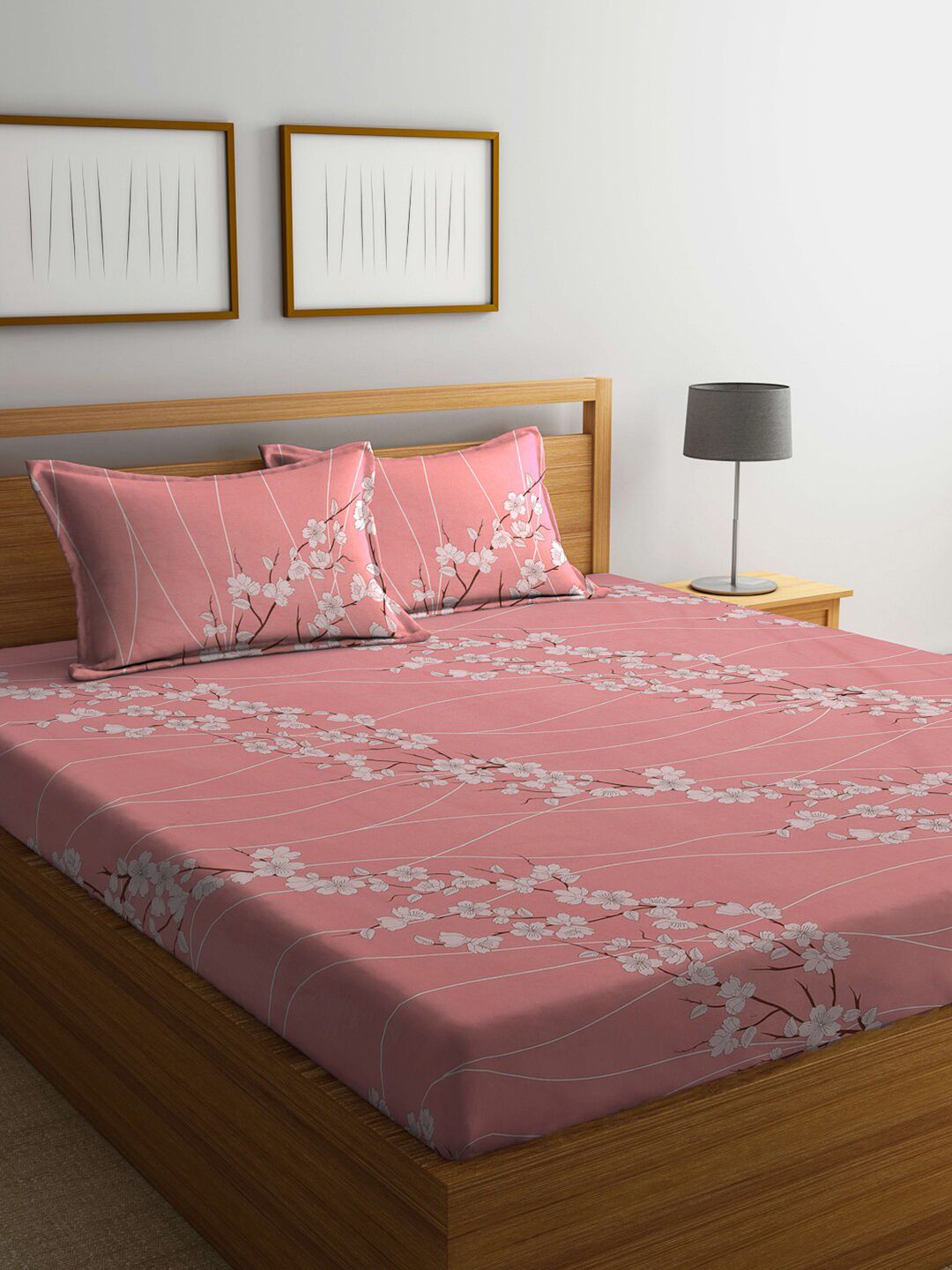 KLOTTHE Pink & White Floral-Printed 130GSM Pure-Cotton Double King Bedsheet Set