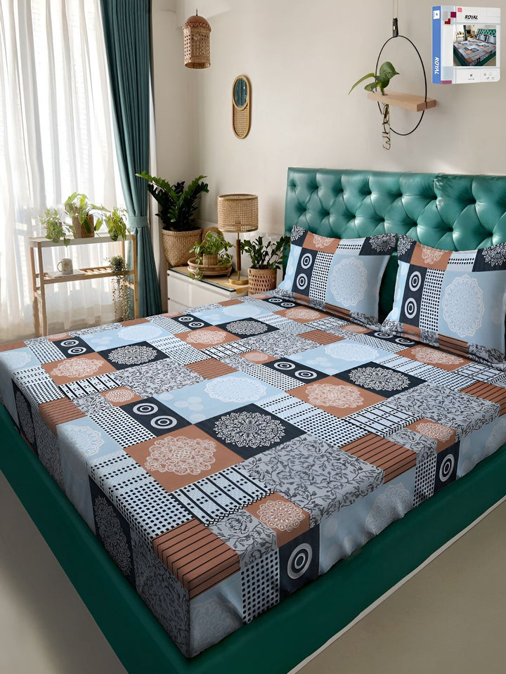 KLOTTHE Motif Etnik Biru Kapas 300 TC Cadar King dengan 2 Sarung Bantal-98 x 89 inci