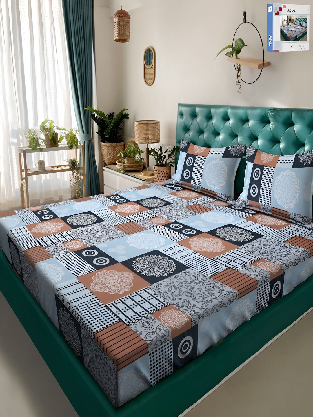 KLOTTHE Motif Etnik Biru Kapas 300 TC Cadar King dengan 2 Sarung Bantal-98 x 89 inci