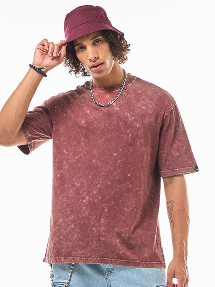 Bewakoof Red Oversized Cotton Acid Wash T-shirt