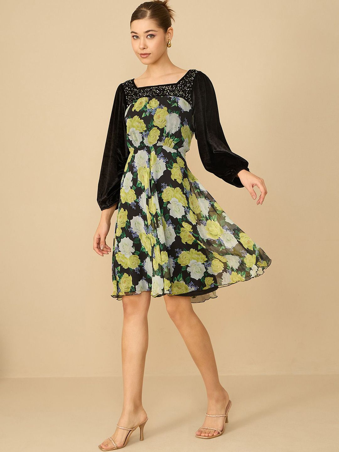 Antheaa Women Floral Printed Embellished Fit & Flare Dress