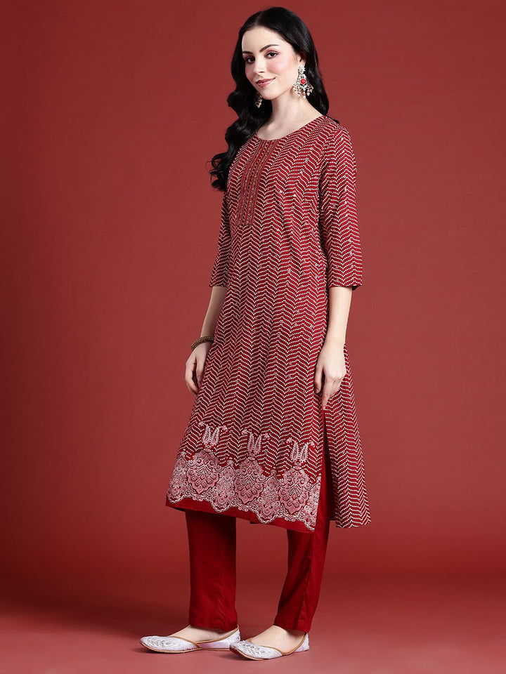 Anouk Bandhani Printed Regular Thread Work Kurta With Trousers & Dupatta