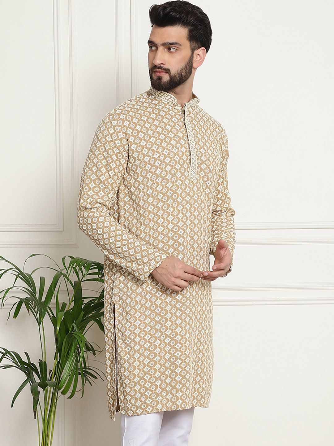 SOJANYA Ethnic Motifs Embroidered Mandarin Collar Sequined Pure Cotton Straight Kurta