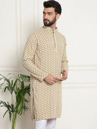 SOJANYA Ethnic Motifs Embroidered Mandarin Collar Sequined Pure Cotton Straight Kurta