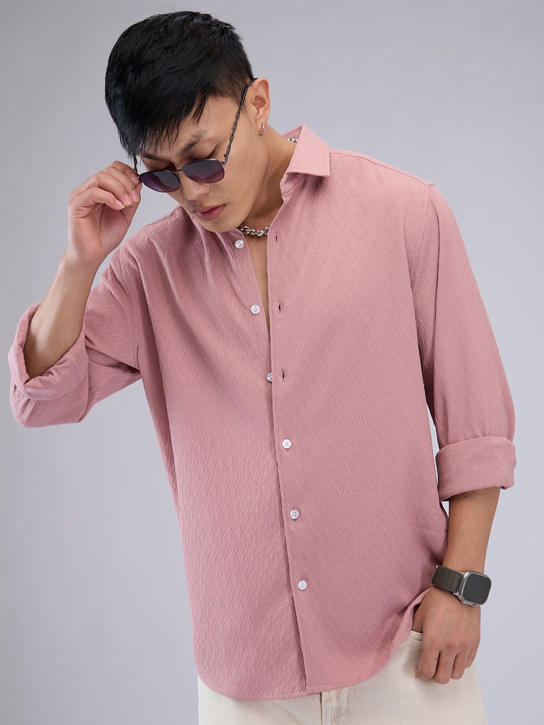 VASTRADO Men Classic Cutaway Collar Textured Slim Fit Casual Shirt