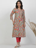 W Floral Printed V-Neck Pure Cotton Straight Kurta