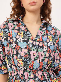 DressBerry Floral Allure Printed Dobby Weave Cinched Waist Top